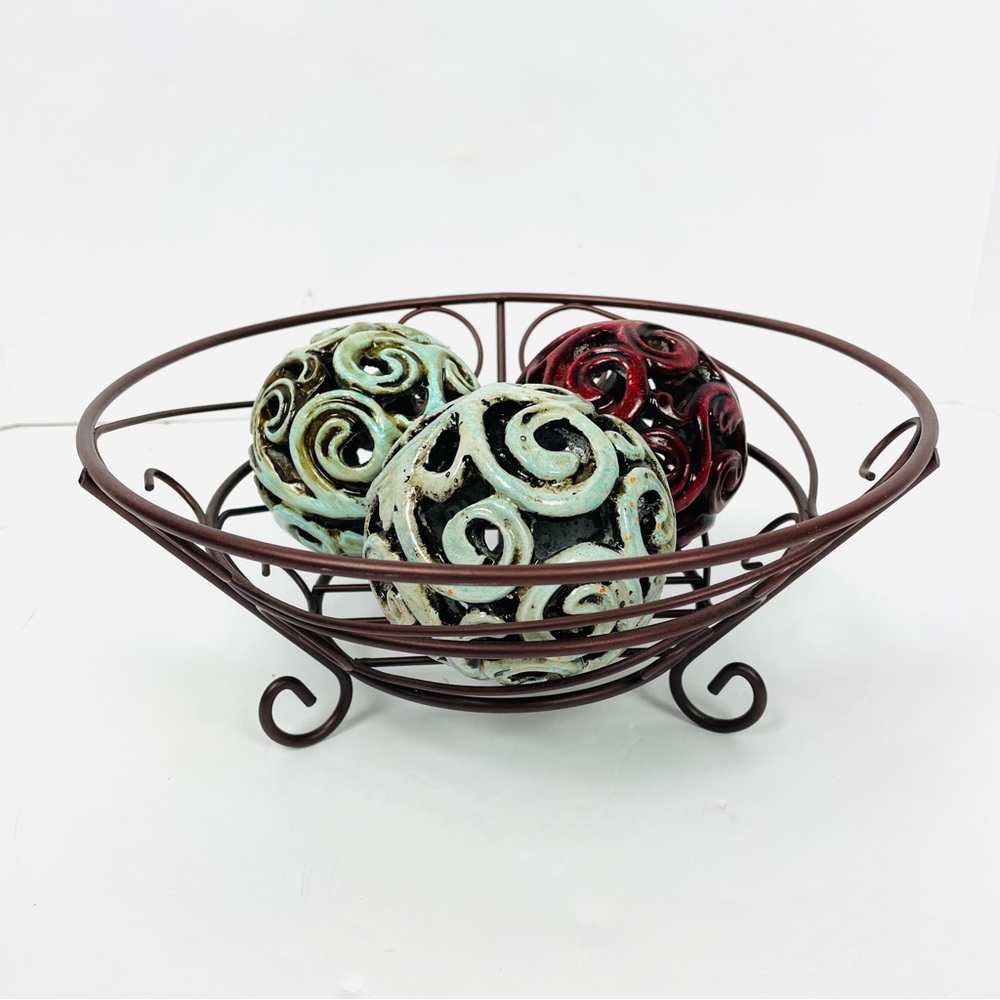 Scroll Wrought Iron Bowl with 3 Hobby Lobby Decorative Balls